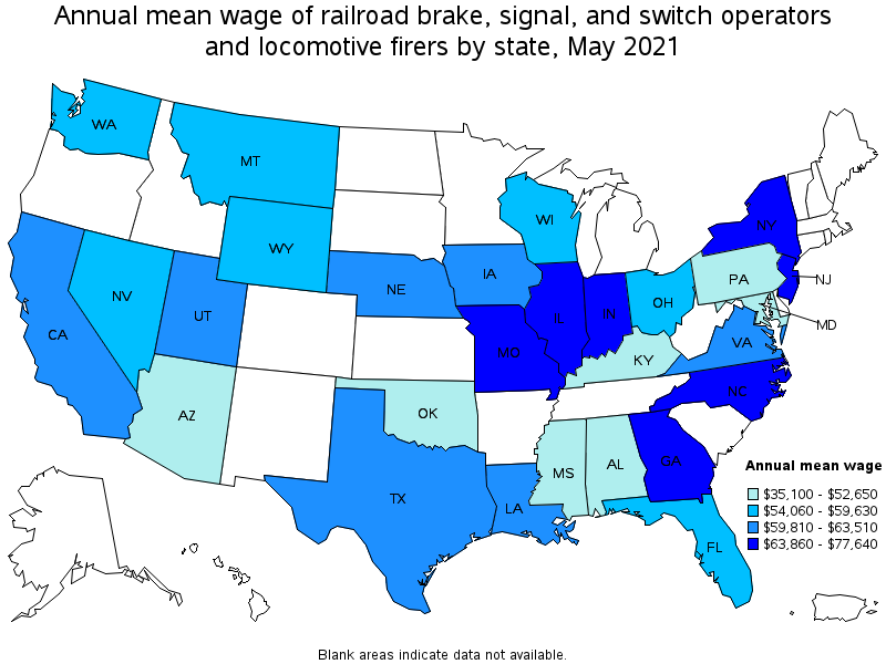 Map of annual mean wages of railroad brake, signal, and switch operators and locomotive firers by state, May 2021