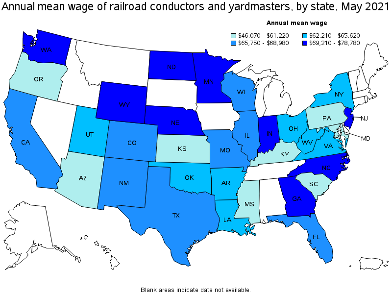 Map of annual mean wages of railroad conductors and yardmasters by state, May 2021
