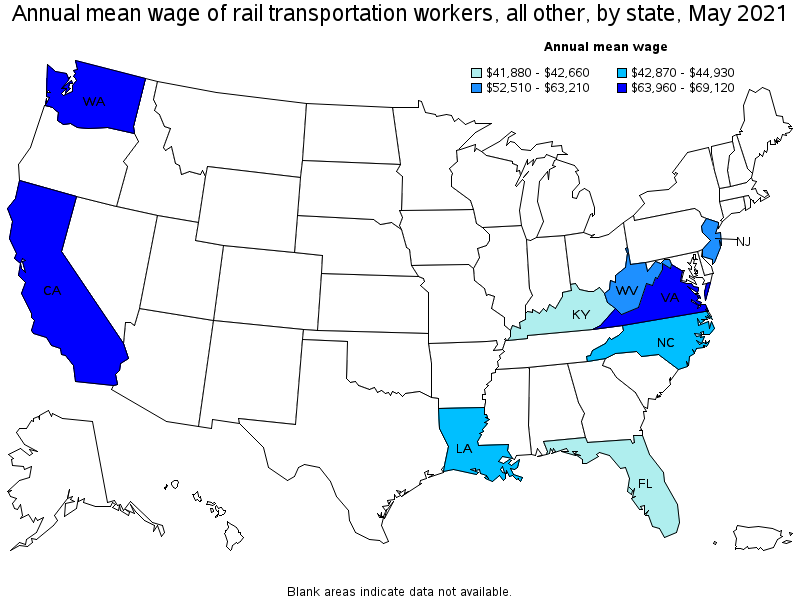 Map of annual mean wages of rail transportation workers, all other by state, May 2021