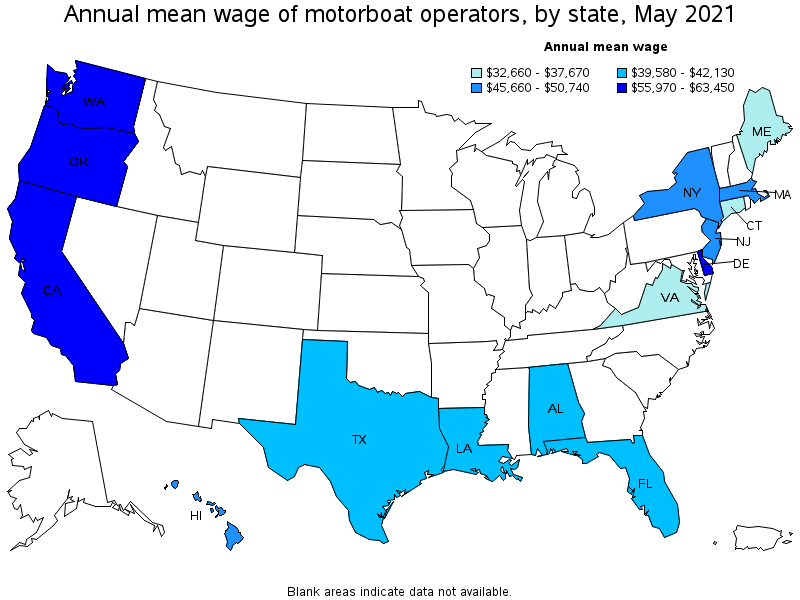 Map of annual mean wages of motorboat operators by state, May 2021