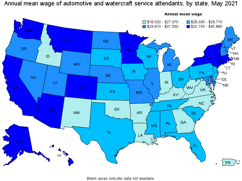 Map of annual mean wages of automotive and watercraft service attendants by state, May 2021