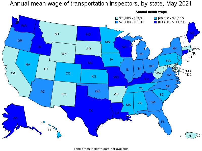 Map of annual mean wages of transportation inspectors by state, May 2021