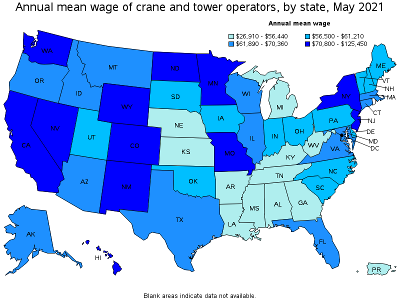 Map of annual mean wages of crane and tower operators by state, May 2021