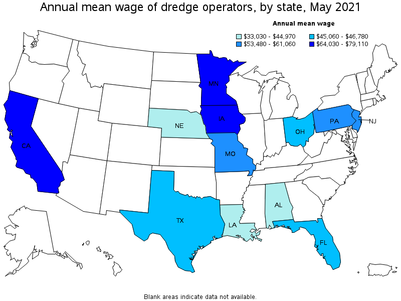 Map of annual mean wages of dredge operators by state, May 2021