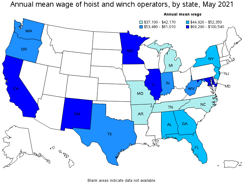 Map of annual mean wages of hoist and winch operators by state, May 2021