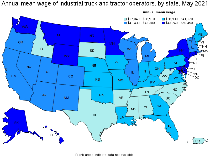 Map of annual mean wages of industrial truck and tractor operators by state, May 2021