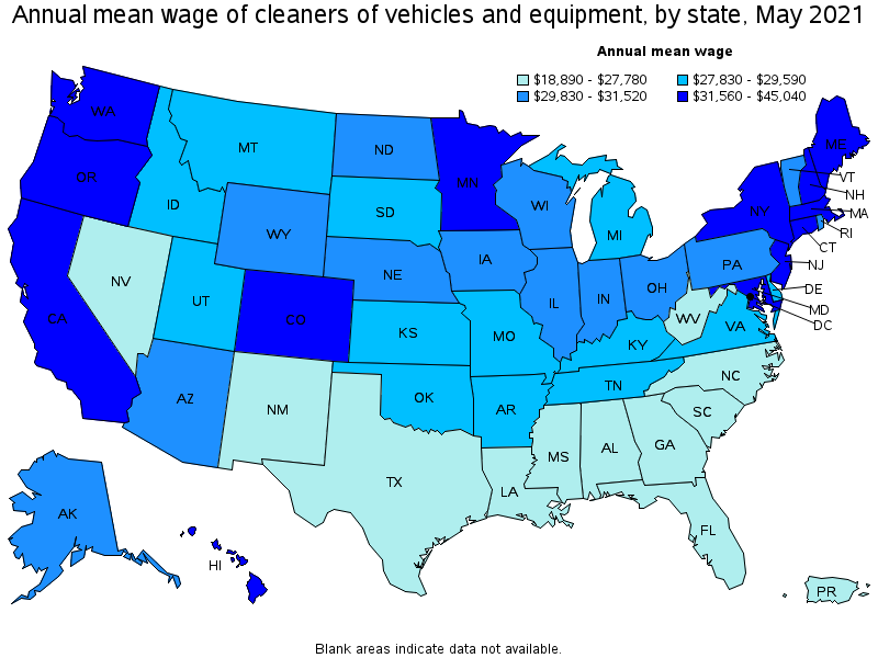 Map of annual mean wages of cleaners of vehicles and equipment by state, May 2021