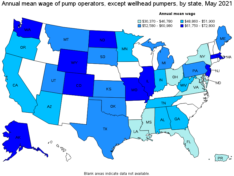 Map of annual mean wages of pump operators, except wellhead pumpers by state, May 2021