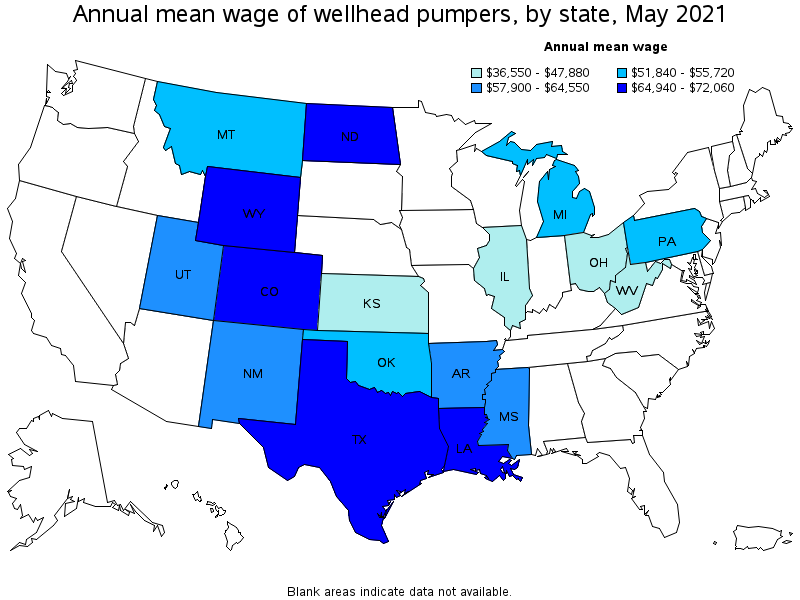 Map of annual mean wages of wellhead pumpers by state, May 2021