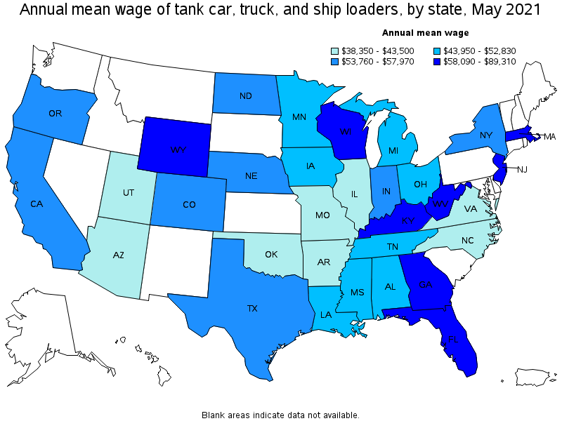 Map of annual mean wages of tank car, truck, and ship loaders by state, May 2021