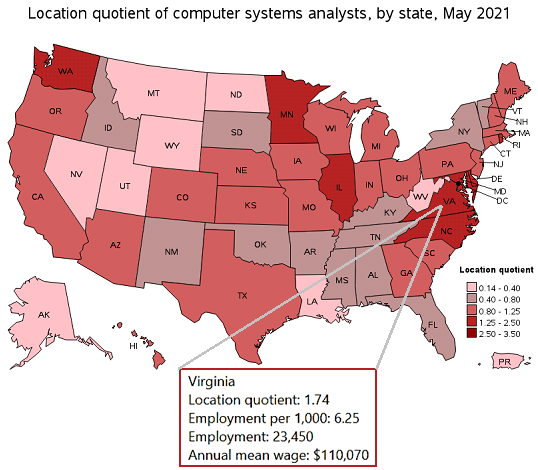 Location quotient of computer systems analysts, by state, May 2021