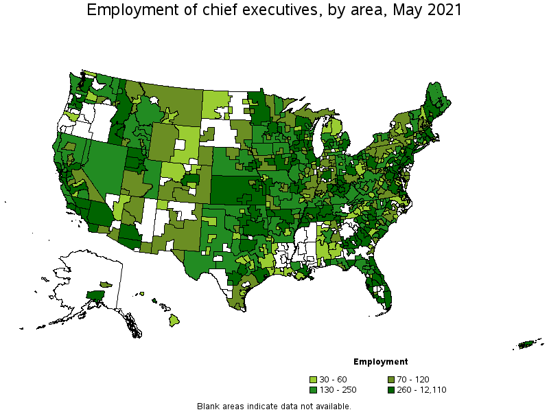 Map of employment of chief executives by area, May 2021