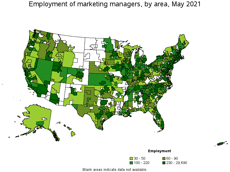 Map of employment of marketing managers by area, May 2021