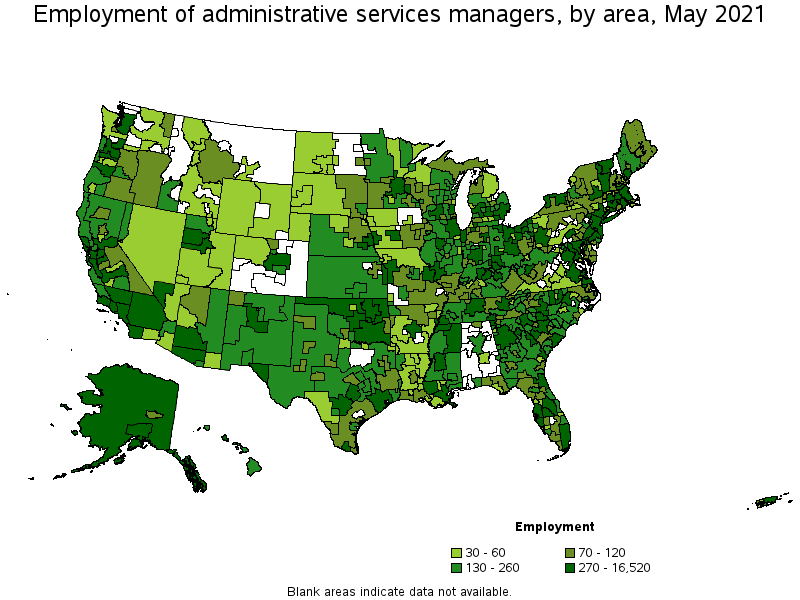 Map of employment of administrative services managers by area, May 2021