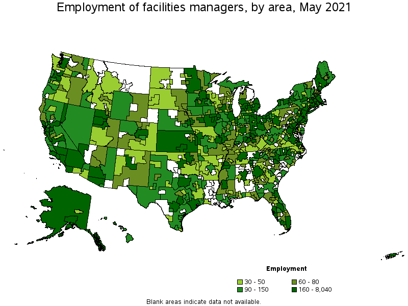 Map of employment of facilities managers by area, May 2021
