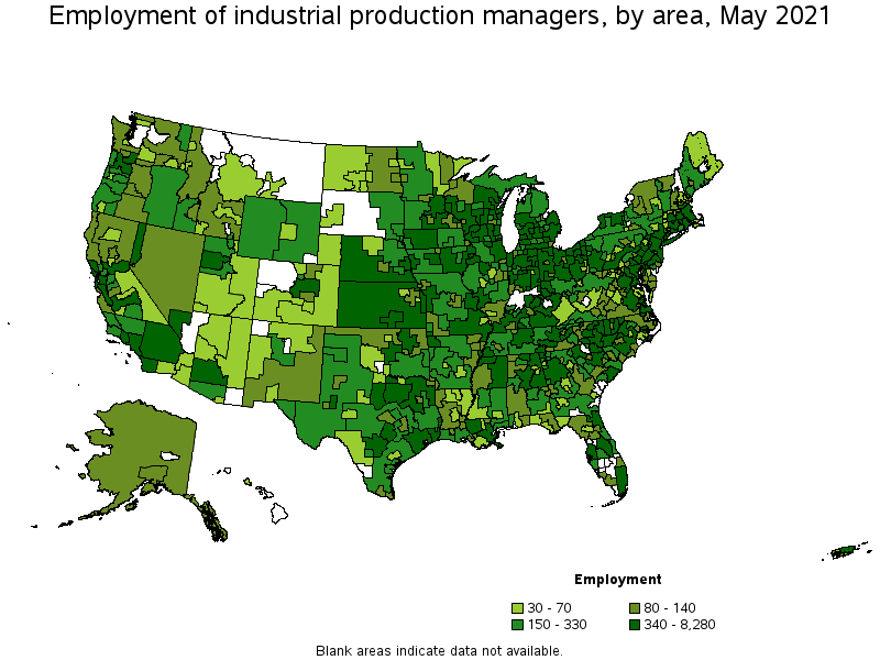 Map of employment of industrial production managers by area, May 2021