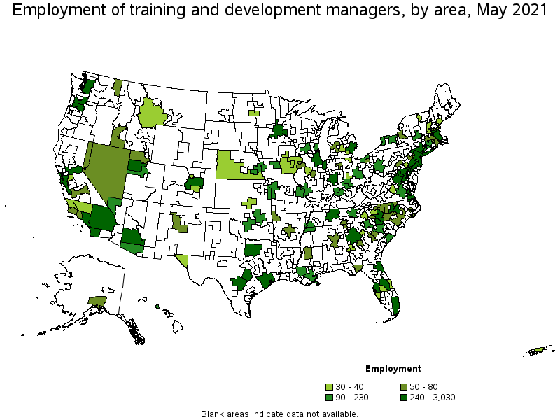 Map of employment of training and development managers by area, May 2021