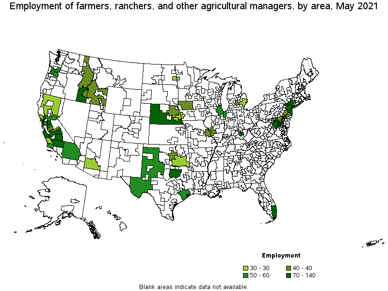 Map of employment of farmers, ranchers, and other agricultural managers by area, May 2021
