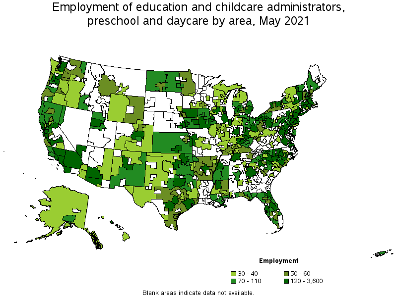 Map of employment of education and childcare administrators, preschool and daycare by area, May 2021