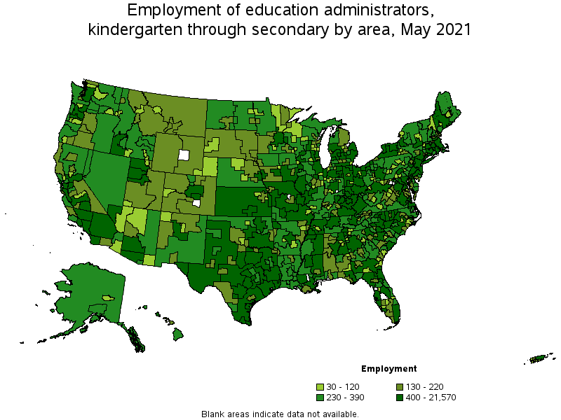 Map of employment of education administrators, kindergarten through secondary by area, May 2021