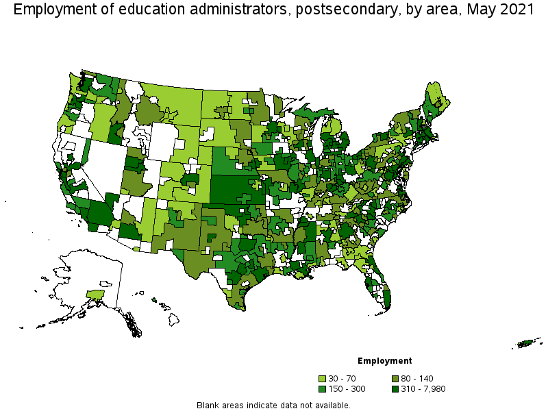 Map of employment of education administrators, postsecondary by area, May 2021