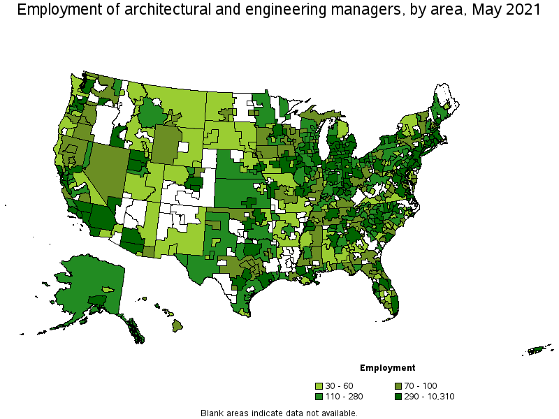 Map of employment of architectural and engineering managers by area, May 2021