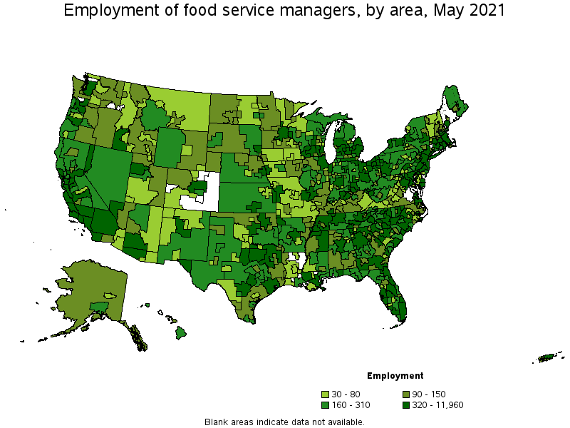 Map of employment of food service managers by area, May 2021