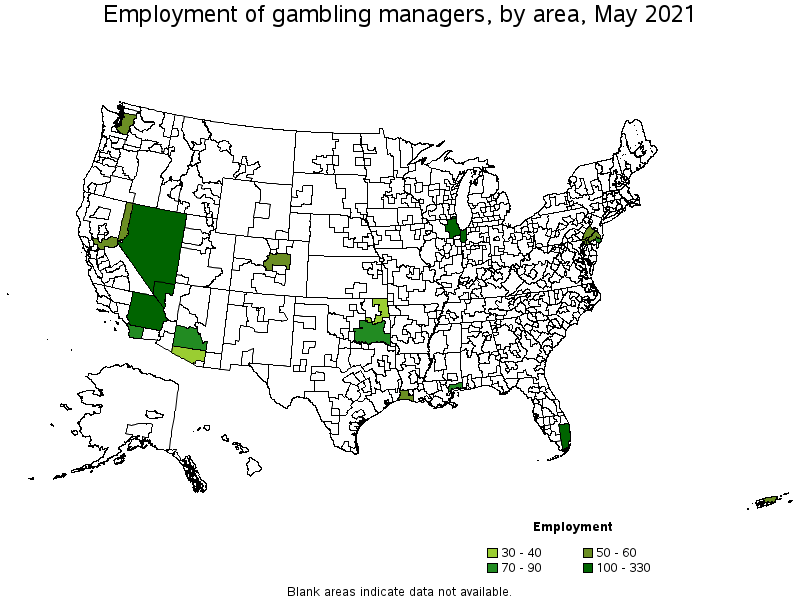 Map of employment of gambling managers by area, May 2021