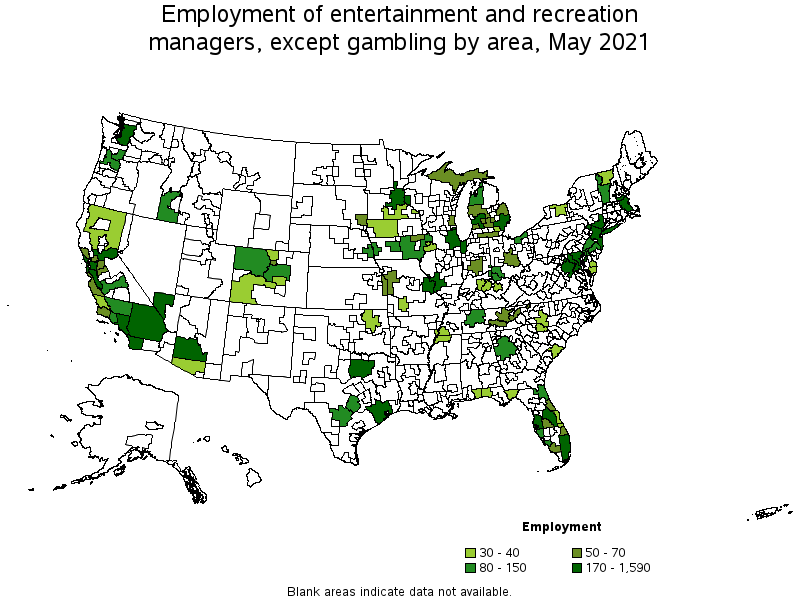 Map of employment of entertainment and recreation managers, except gambling by area, May 2021