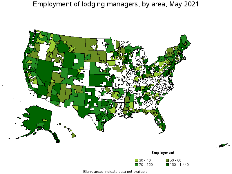 Map of employment of lodging managers by area, May 2021