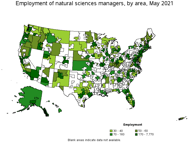 Map of employment of natural sciences managers by area, May 2021