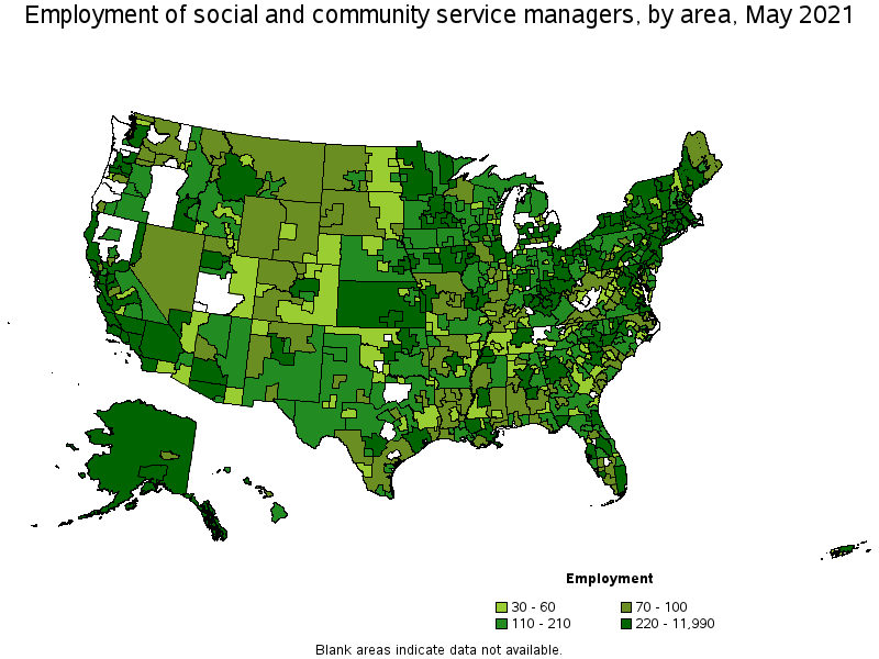 Map of employment of social and community service managers by area, May 2021