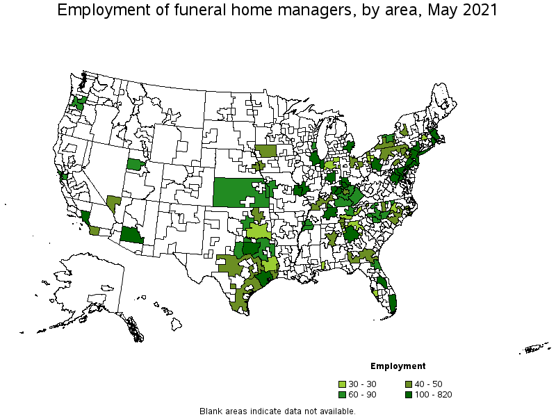 Map of employment of funeral home managers by area, May 2021