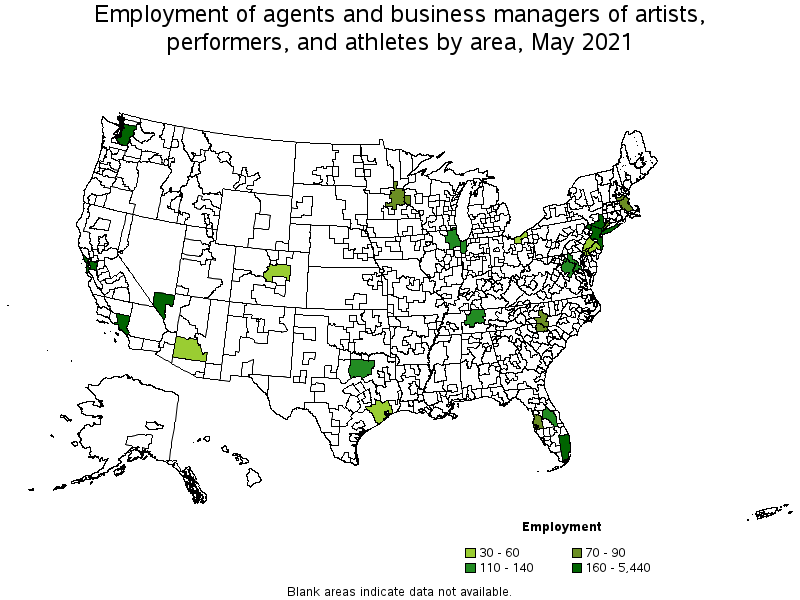 Map of employment of agents and business managers of artists, performers, and athletes by area, May 2021