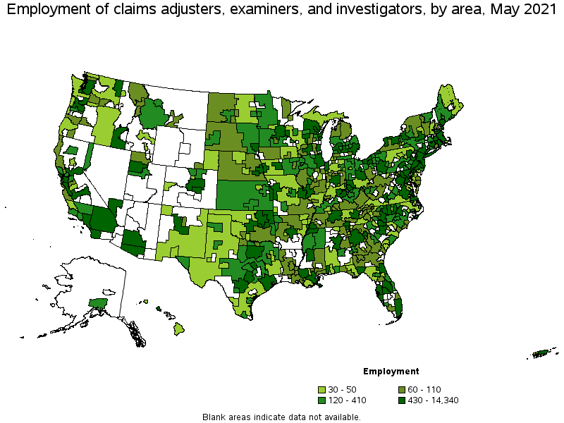 Map of employment of claims adjusters, examiners, and investigators by area, May 2021