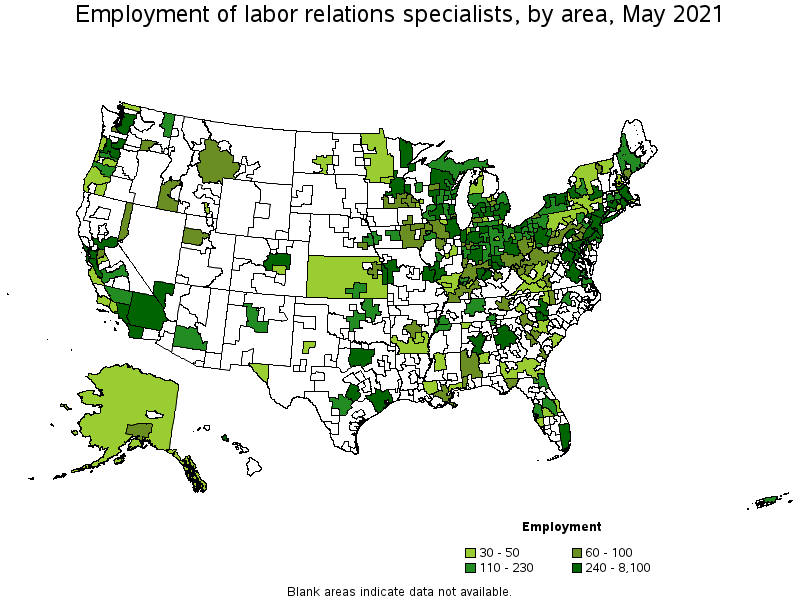 Map of employment of labor relations specialists by area, May 2021