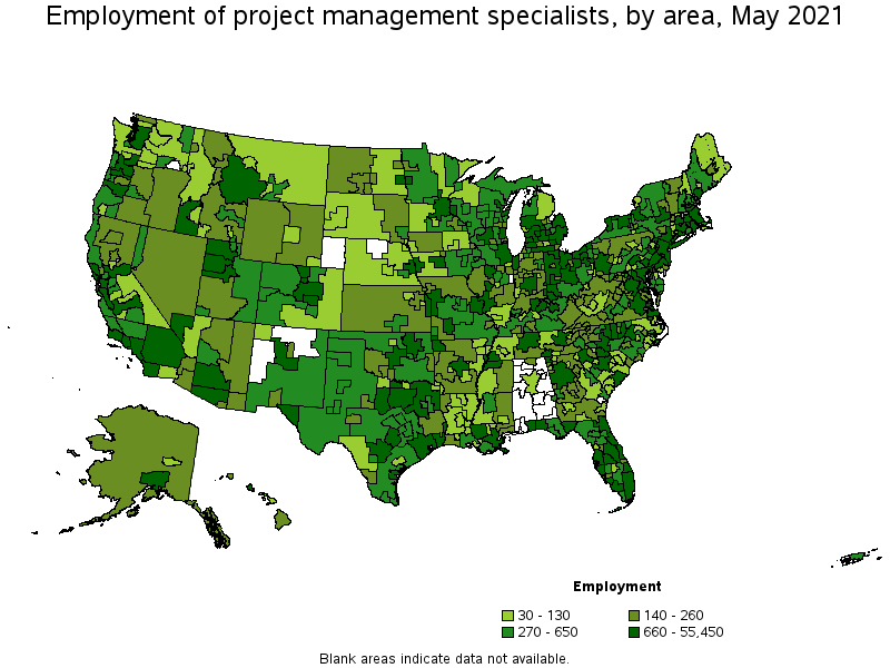 Map of employment of project management specialists by area, May 2021