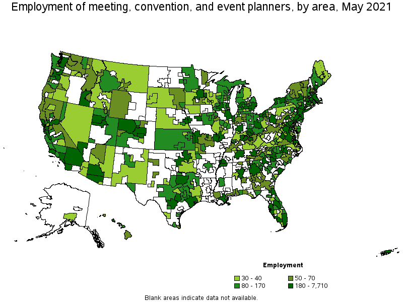 Map of employment of meeting, convention, and event planners by area, May 2021