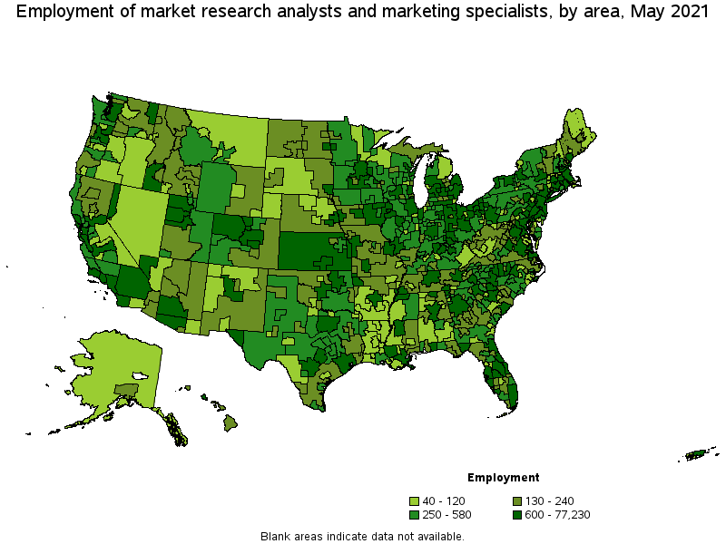Map of employment of market research analysts and marketing specialists by area, May 2021