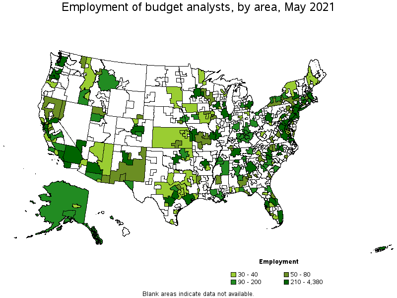 Map of employment of budget analysts by area, May 2021