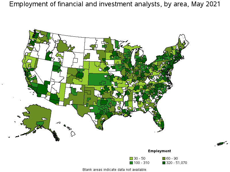 Map of employment of financial and investment analysts by area, May 2021