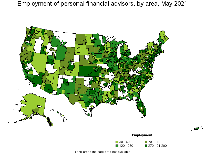 Map of employment of personal financial advisors by area, May 2021