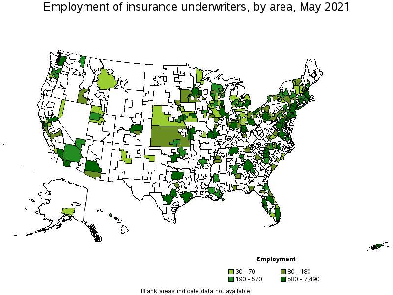 Map of employment of insurance underwriters by area, May 2021