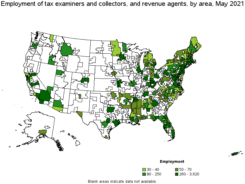Map of employment of tax examiners and collectors, and revenue agents by area, May 2021