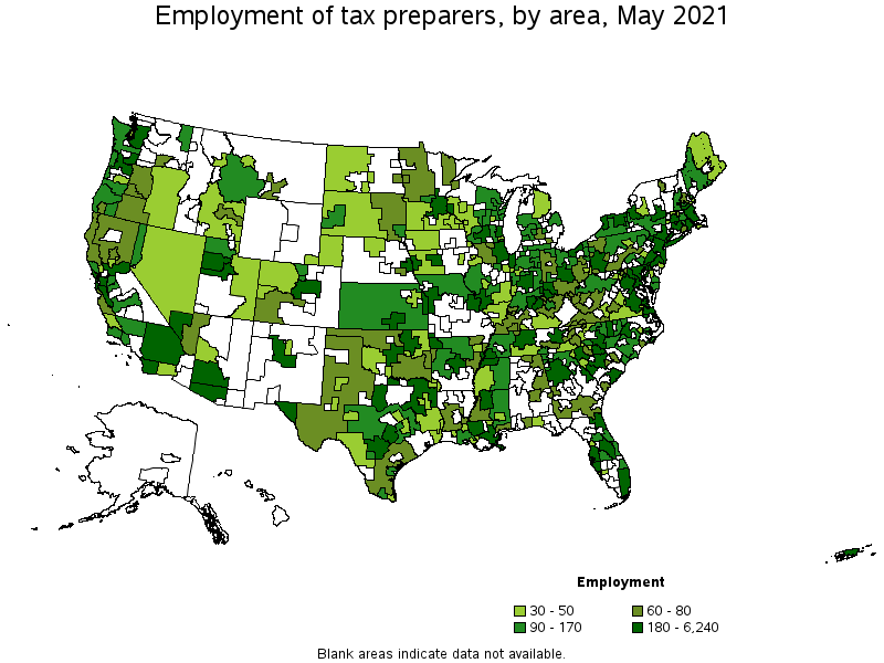 Map of employment of tax preparers by area, May 2021