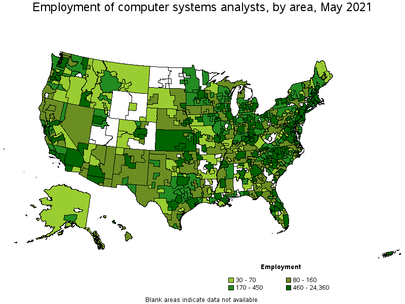 Map of employment of computer systems analysts by area, May 2021