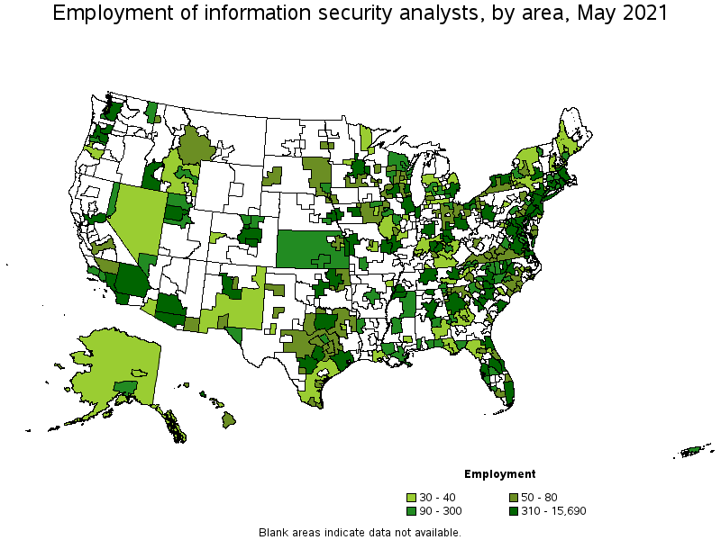 Map of employment of information security analysts by area, May 2021