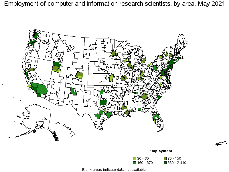 Map of employment of computer and information research scientists by area, May 2021