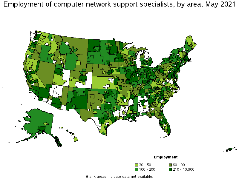 Map of employment of computer network support specialists by area, May 2021