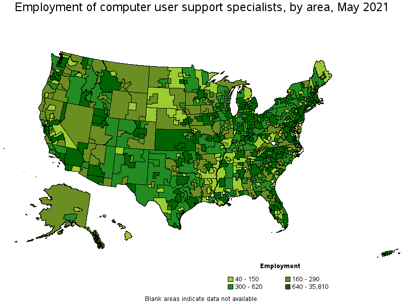Map of employment of computer user support specialists by area, May 2021